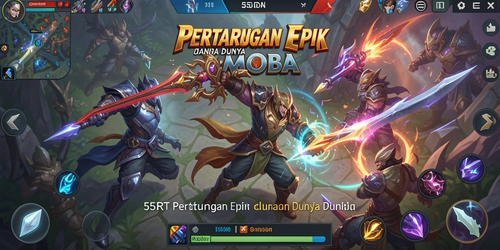 Menampilkan aksi intens dalam permainan MOBA 55RT.