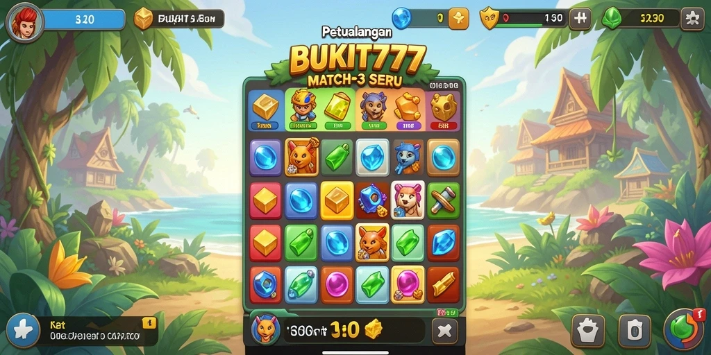 Tangkapan layar gameplay BUKIT777 yang menunjukkan aksi seru dan kombinasi Match-3.