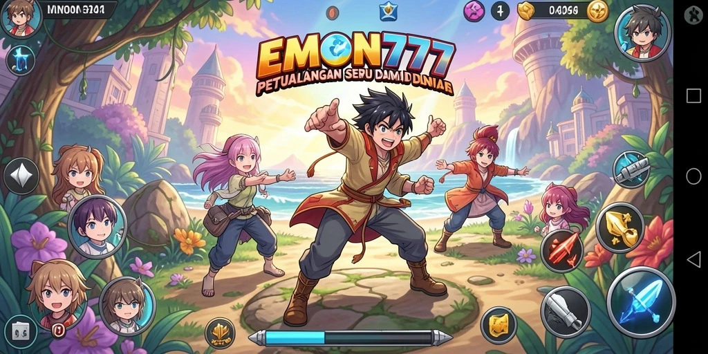 Tangkapan layar gameplay EMON777 yang menampilkan pertarungan karakter anime.
