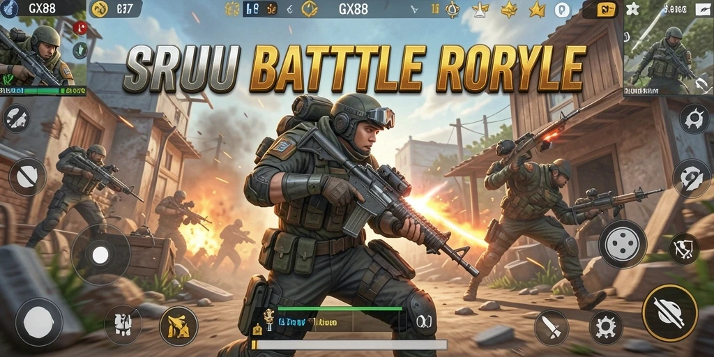 Screenshot utama GX88 menampilkan aksi seru Battle Royale.
