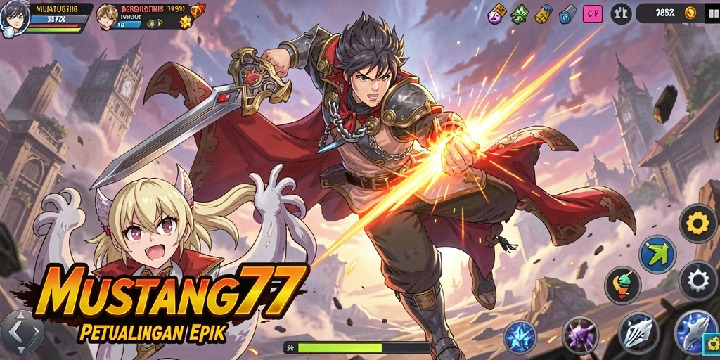 Tampilan gameplay MUSTANG77 yang penuh aksi dan karakter anime.