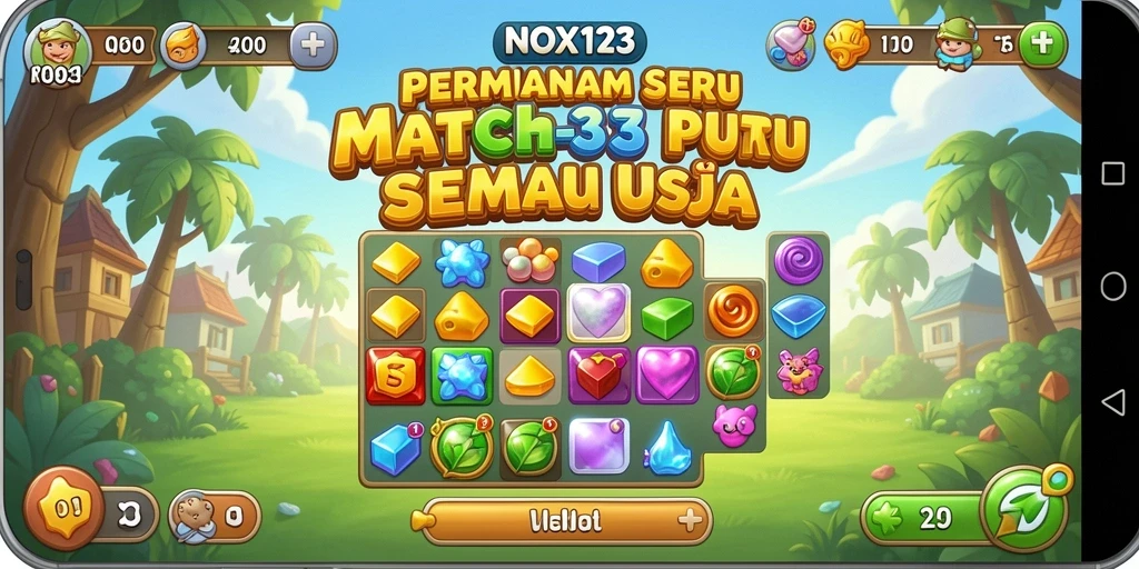 Gameplay seru NOX123 dengan misi Match-3 yang menantang.
