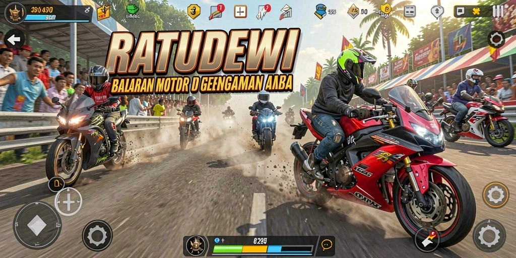 Screenshot gameplay RATUDEWI menunjukkan balapan motor yang seru dan menegangkan.