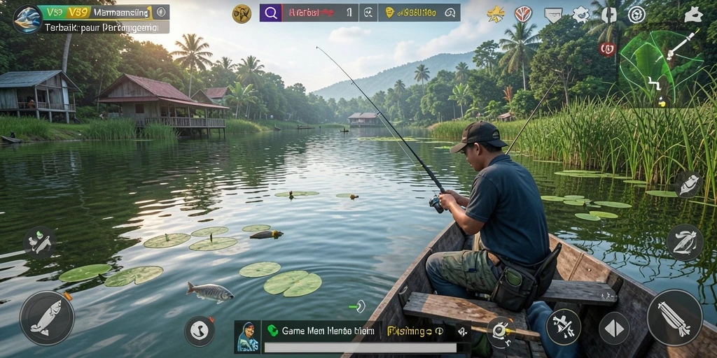 Screenshot gameplay V89 menampilkan serunya memancing di alam terbuka.